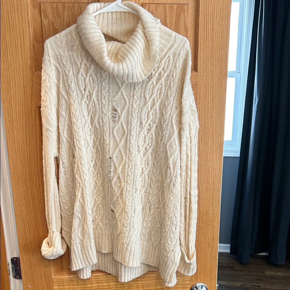 Free People Cream Cable Knit Turtleneck Sweater